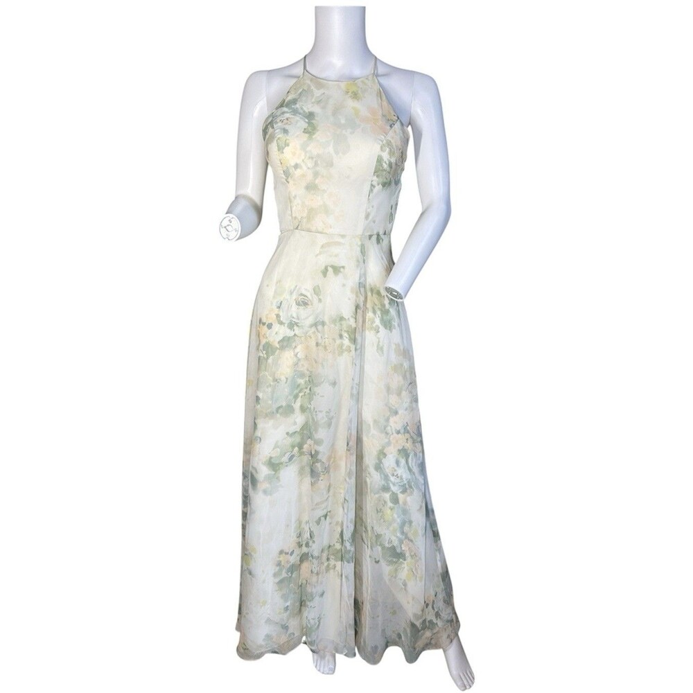 Jenny Yoo size 2 Women’s Chiffon Maxi Formal Dress Cream Floral Chic Cottagecore
